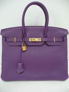 HERMES BIRKIN 35 Clemence Leather Ultra Violet Taurillon Gold HW Bag 