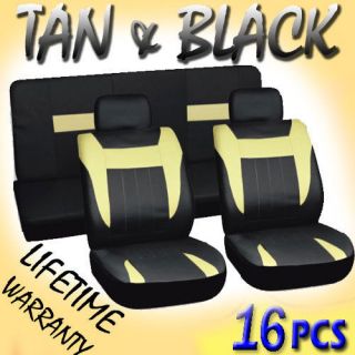 16pc Set Tan Black Auto Car Seat Covers FREE Steering Wheel Belt Pads 