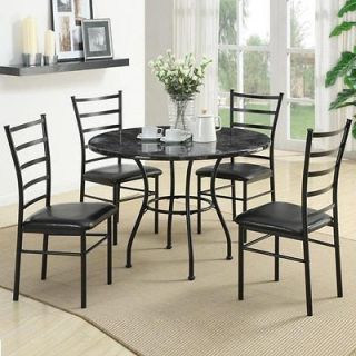 Dinettes 5 Piece Casual Black Dining Set w/ Faux Marble Top Round 