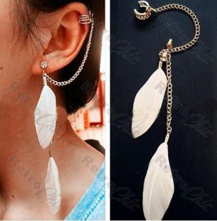   EAR CUFF crystal PUNK chain gold plated FEATHERS earcuff earrings