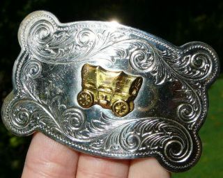 NICKEL SILVER WESTERN COVERED WAGON BELT BUCKLE BY CHAMBERS BELT Co.