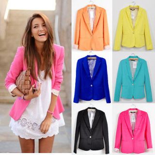 Candy Color Womens One Button Lapel Casual Suits Blazer Jacket 