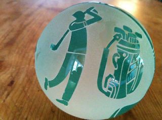 Green Frosted Glass GOLF Paperweight   Golfers, Equipment   Nice 3.25 