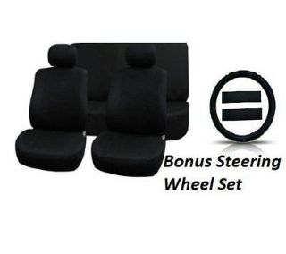 11pc SOLID BLACK Seat Covers FULL INTERIOR SET Steering Wheel Cover CS