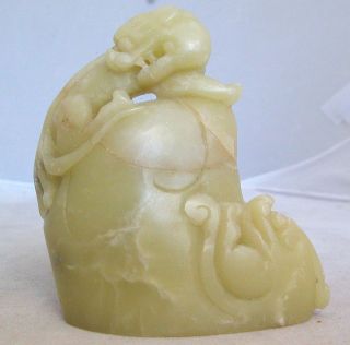  Hand Carved Yellow Soapstone Boulder w/ 2 Chimera or Foo Dog Lions