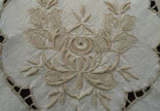 Vintage Linen Tablecloth Madeira Taupe Embroidered Cutwork Flowers