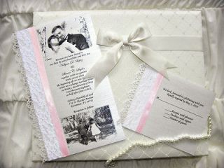 50 WEDDING INVITATIONS   CUSTOM SILVER PAPER & LACE W/ PHOTOS AND YOUR 