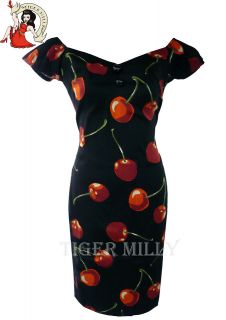 Collectif 50s VINTAGE CHERRY pin up wiggle PENCIL DRESS BLACK