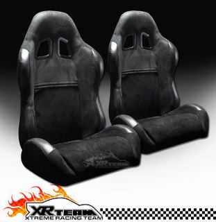 2x Universal Simulated Suede & PVC Leather Black Racing Bucket Seats 