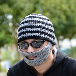 Beard Hat Gray Head Knit Beanie Cap Handmade Crochet Mustache Ski Men 