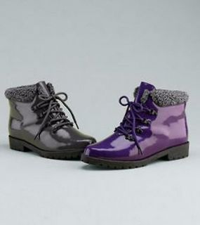 SILHOUETTES PATENT LACE UP BOOTIE SHERPA RAIN SNOW BOOTS PURPLE $ 