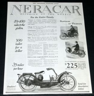 1922 OLD MAGAZINE PRINT AD, NERACAR MOTORCYCLE, CHEAP, CLEAN 