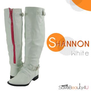 New Women Buckle Faux Leather Back Zipper Knee High Boots   Shannon