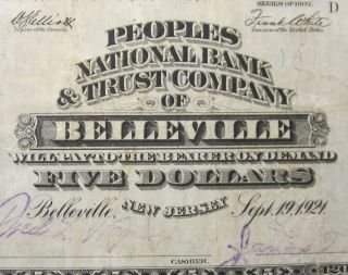 1902 $5 NATIONAL BANK NOTE ★ PEOPLES NB & TC of BELLEVILLE ★ NJ 