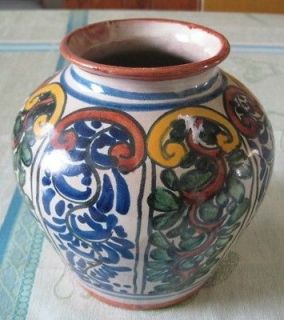 Mexican Talavera Folk Art Red Clay Vase Multicolored Scroll & Leaves 