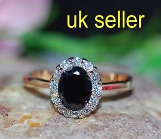 2ct created oval black sapphire diamond YGP cluster ring size N 7