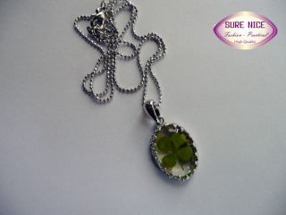    Heart Pendant with Real Four Leaf Clover Good Lucky Necklace LJ163