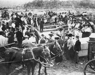 1908 photo Crowd and horse drawn hearses at mass burial in cemetery 
