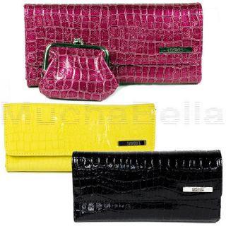 KENNETH COLE REACTION WOMENS PATENT CROCO CLUTCH WALLET TRIFOLD w COIN 