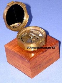 ANTIQUE NAUTICAL VINTAGE BRASS COMPASS WITH WOODEN BOX COLLECTIBLE 