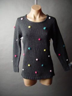 Chunky Knit Fisherman Retro Pom Pom 80s Charcoal Gry Pullover Jumper 