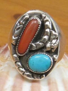   SOUTHWESTERN TRIBAL STERLING SILVER TURQUOISE RED CORAL MANS RING