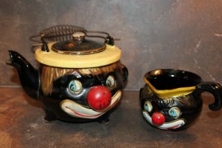   Used Thames Tilso Japan Black Americana Clown Teapot & Creamer Set