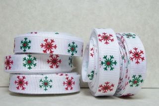 CX3681   3 yds 3/8 RED and GREEN SNOWFLAKES with GLITTER Grosgrain 