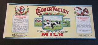 Old 1930s   Clover Valley Brand MILK Can LABEL   COWS   EAGLE Grocery
