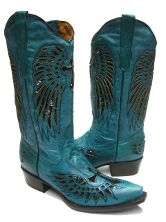   LADIES TURQUOISE LEATHER WESTERN COWBOY BOOTS WITH WINGS & CROSS