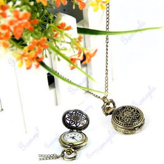 Vintage Bronze Flower Pattern Quartz Necklace Chain Pendant Pocket 