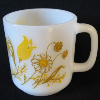   Vintage White Milk Glass Stackable Mug Cup w Yellow Wild Flowers