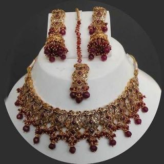   INDIAN POLKI GOLD FINISH PINK CZ BRIDAL JEWELRY NECKLACE SET fn20