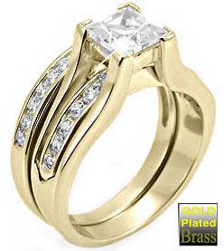 Princess Cut Stone Wedding Band Yellow Gold Plated Ring Set
