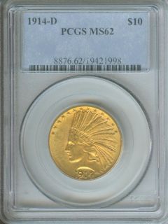 1914 D $10 INDIAN EAGLE PCGS MS62 GOLD COIN MS 62 
