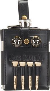 JACK DANIELS STAINLESS STEEL 7 OUNCE GOLF FLASK LEATHER COVER TEES 