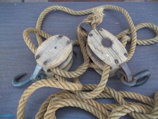 ANTIQUE BLOCK & TACKLE SET W/ APPROXIMATELY 30 OF HEMP ROPE. MADE BY 