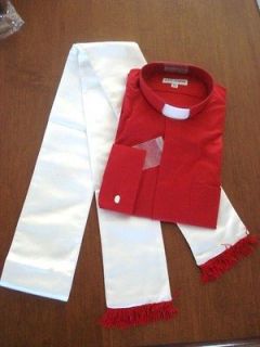RED CLERGY SHIRT AND WHITE SATIN STOLE PACK   SIZE 16.5 X 36/37
