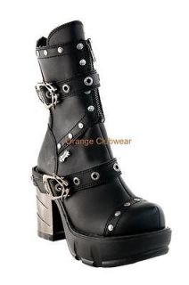 DEMONIA SINISTER 201 Womens Gothic Chrome Heel Ankle Rivet Platform 