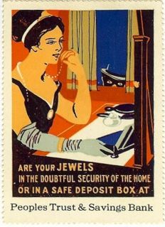   Trust & Savings Bank poster stamp c.1912, safety deposit box, Jewelry