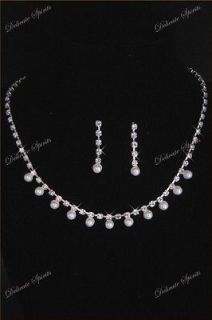   Rhinestone Diamond Off White Pearl Bridal Wedding Necklace Earring Set