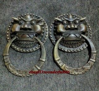 Pair Classical Folk Rare Chinese old copper foo dog lion door 
