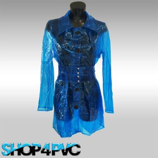 Womens Blue Waterproof PVC Raincoat Plastic Fashion Jacket With Belt 