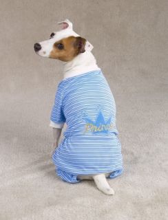 DOG CLOTHES Outfit Pajamas BLUE Stripes Royalty PJ PRINCE Crown 