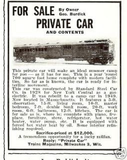 1959 PRIVATE Train Car for Sale AD~vintage RR