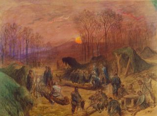GUSTAVE DORE Military Encampment SOLDIERS resting tents sunset 