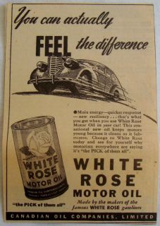 1940 WHITE ROSE MOTOR OIL CAN GASOLINES CANADA AD