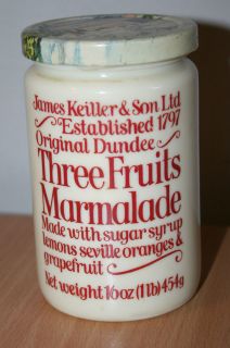 James Keiller Vintage Three Fruits Marmalade Milk Glass Jar + Lid Rare