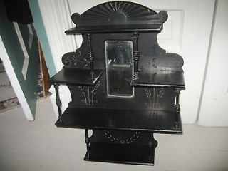 Antique Eastlake Victorian Black Wall Shelf,Incised Detailing,Sunburst 
