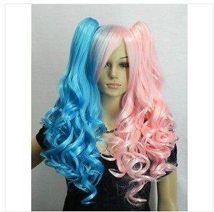 115 NEW pretty pink & blue long curly cosplay split  type wig